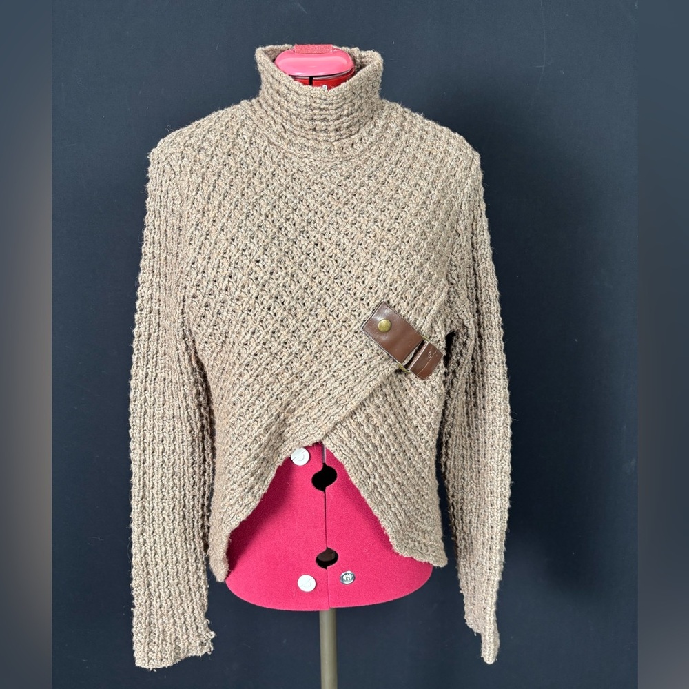 Knit Tan Turtleneck Sweater with Gold & Brown Buckle